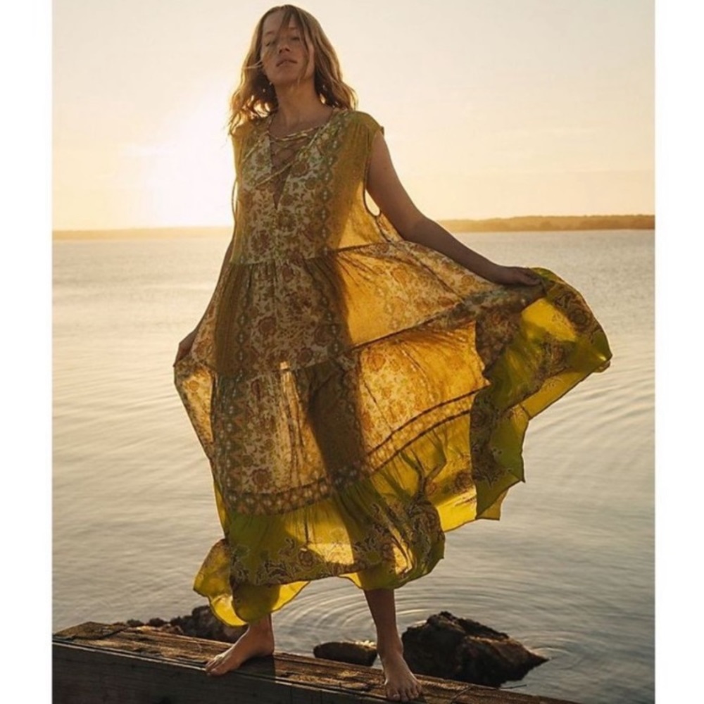 FREE PEOPLE Hanalei Bay yellow combo floral bohemian maxi dress medium